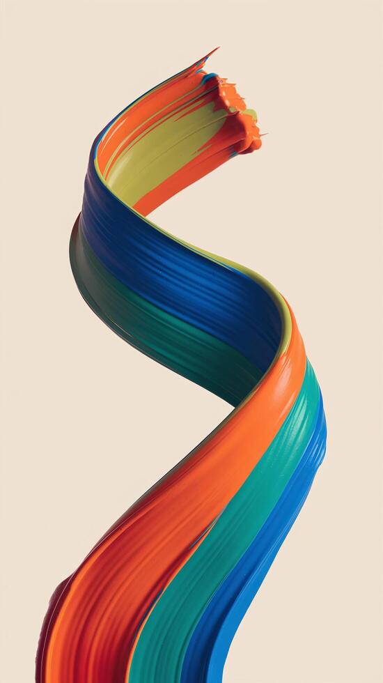 Vibrant Spiral Brushstroke of Paint in Blue Orange and Green on Beige Background Representing Creativity photo