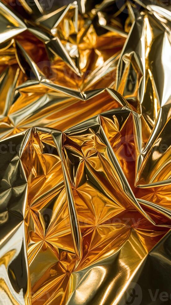 Shiny Golden Metallic Wrinkled Foil with Reflective Texture and Abstract Geometric Patterns photo