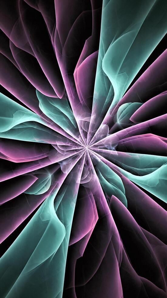Abstract Radiating Fractal Pattern with Neon Pink and Teal Light Effects on Black Background photo