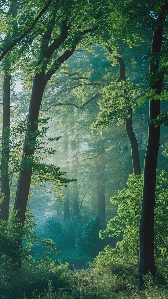 Serene Forest Morning with Sunlight Filtering Through Lush Greenery and Tall Trees in a Misty Natural Setting photo