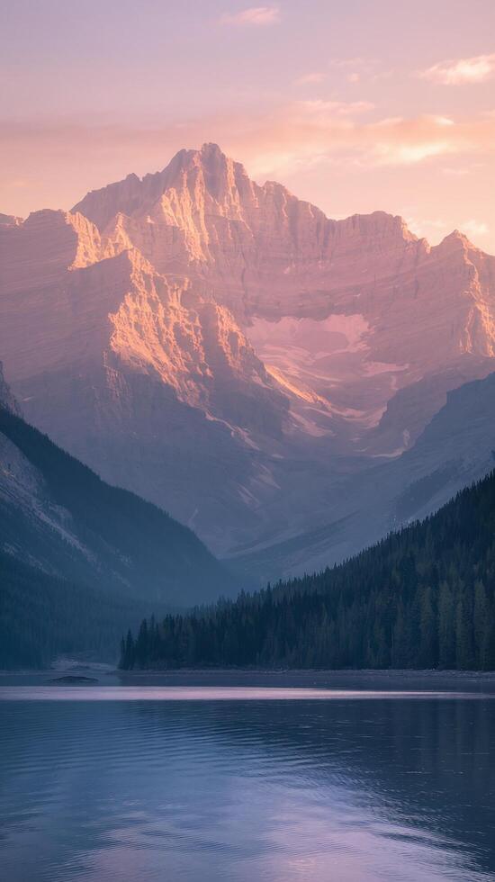 Majestic Pink Mountains with Forest Reflections in Calm Lake at Sunrise under Soft Sky photo