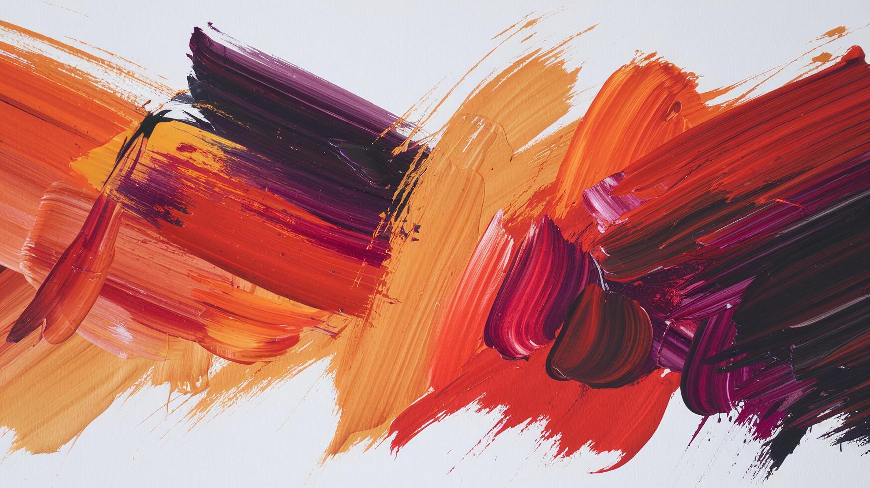 Abstract Brushstroke Artwork with Vibrant Red Orange Purple Paint on White Canvas Background photo