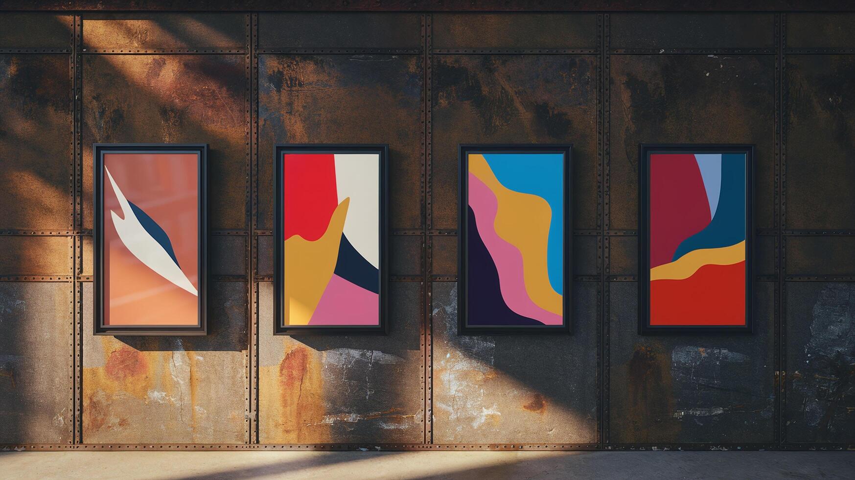 Abstract Geometric Art Prints in Black Frames on Rustic Industrial Metal Wall with Natural Light photo