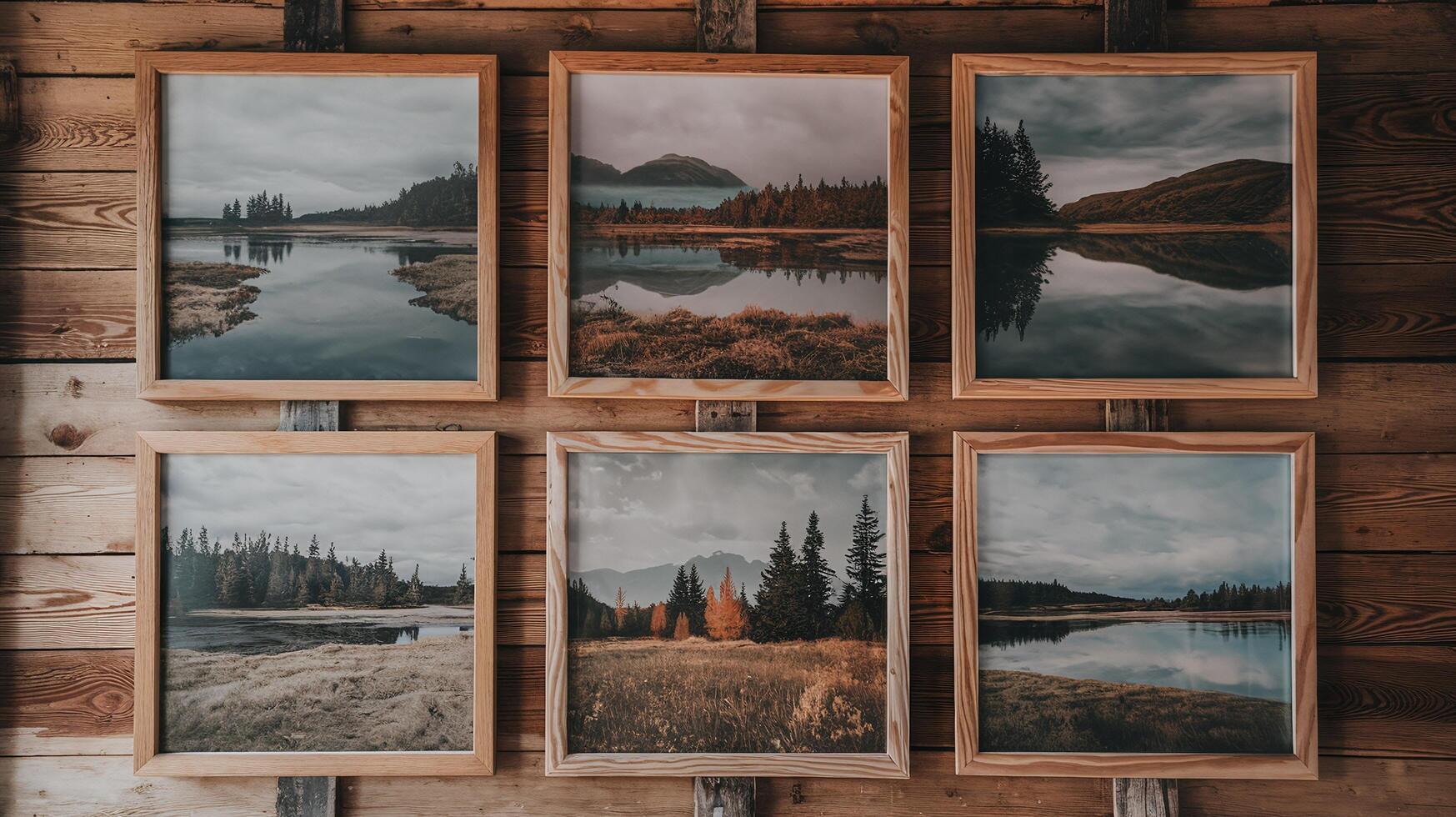 Wooden Gallery Wall With Framed Nature Landscape s Featuring Calm Lakes and Forest Reflections photo