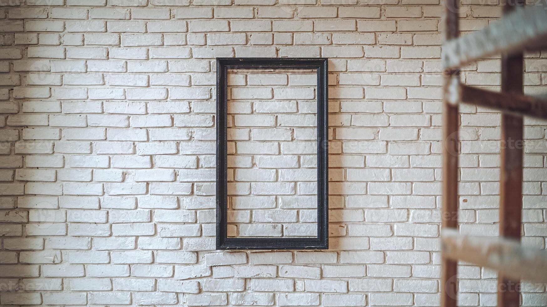 Empty Black Rectangular Frame Hanging On White Textured Brick Wall Rustic Interior Design Concept photo