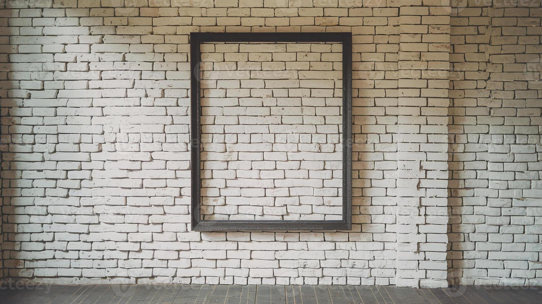 Empty Wooden Frame on White Brick Wall in Minimalist Interior with Natural Light and Wooden Floor photo