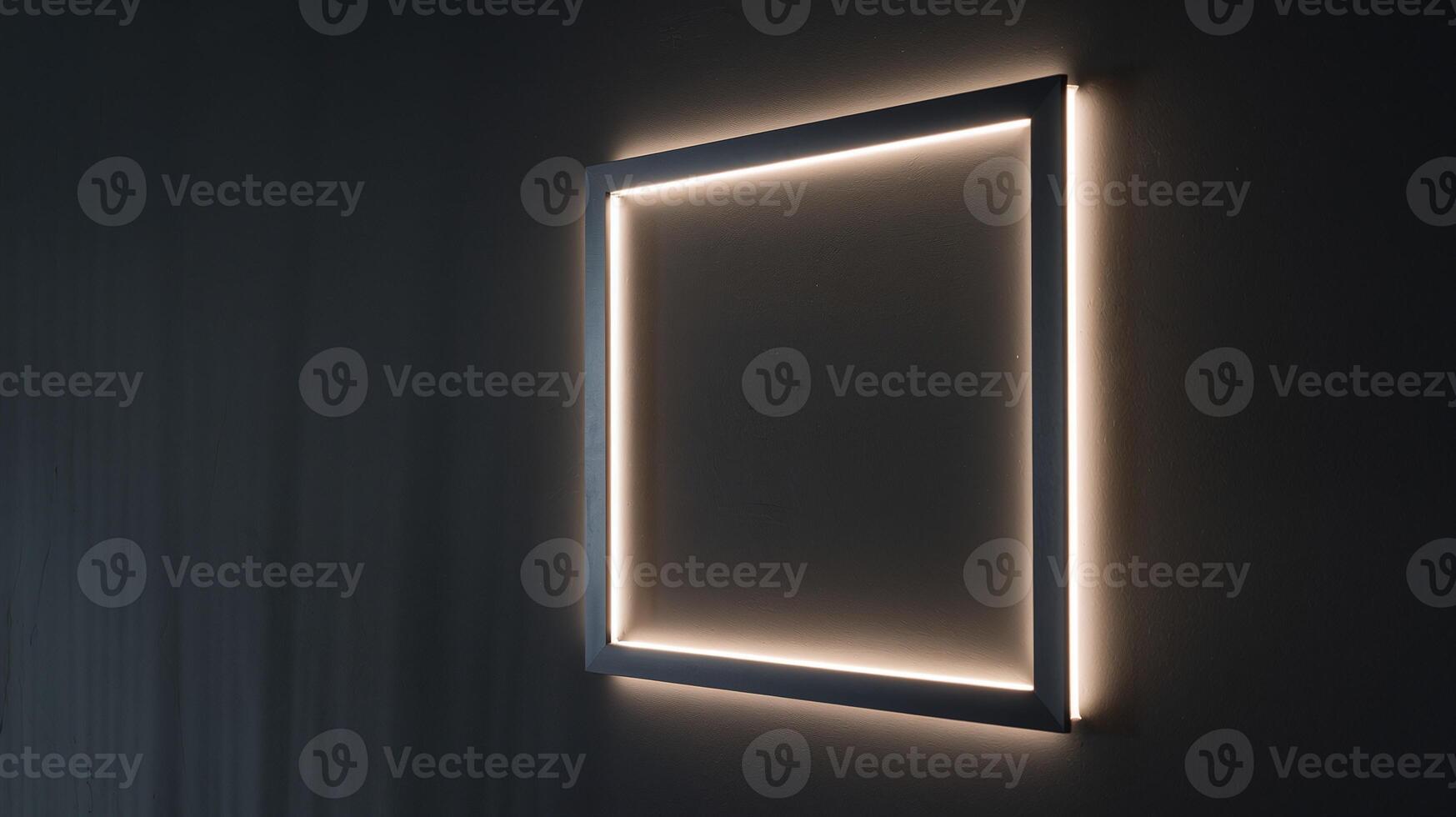 Modern Minimalist Square LED Light Frame on Dark Wall with Soft Glowing Warm Light photo