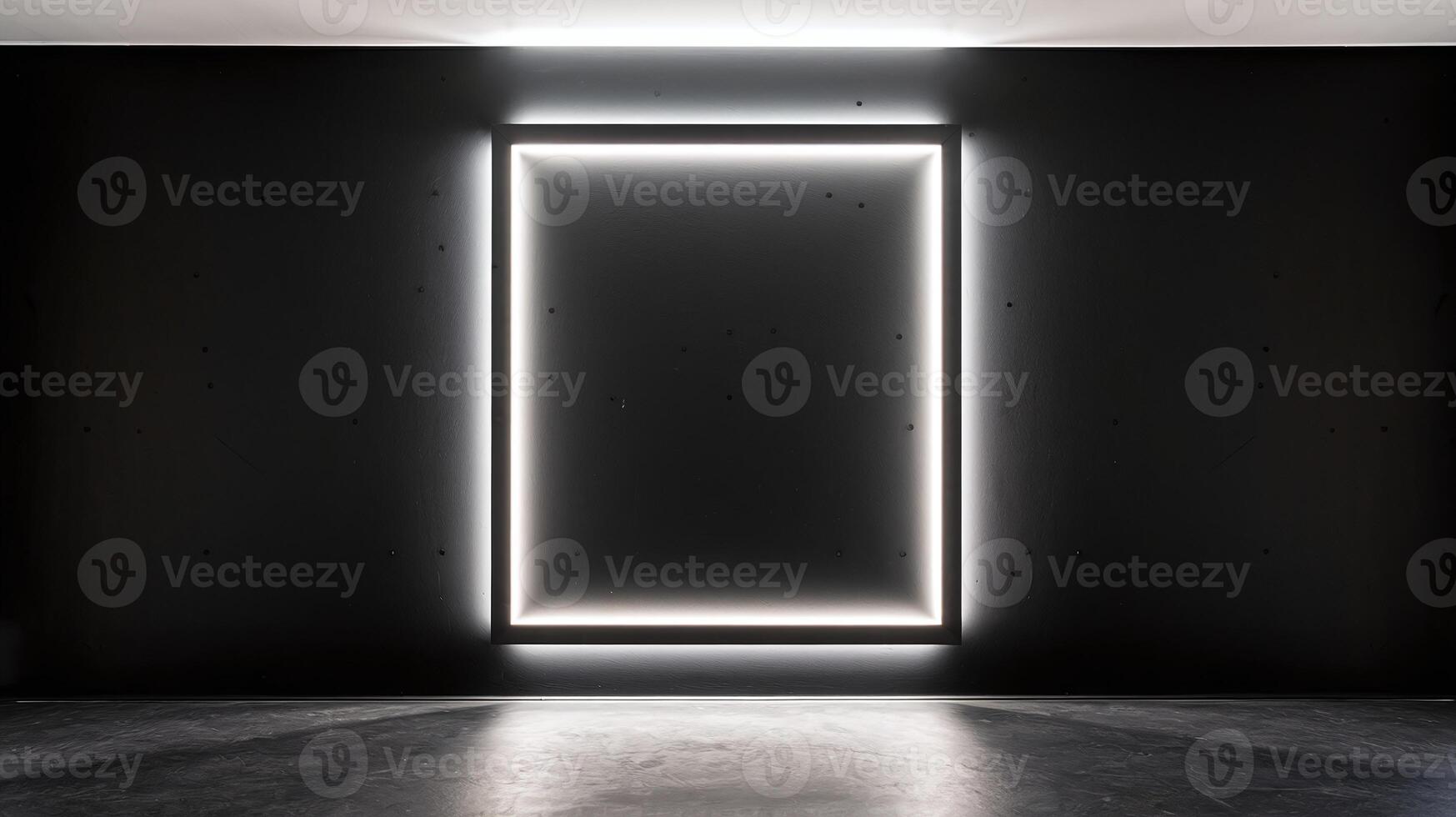 Modern Minimalist Illuminated Square Frame on Black Wall in Dark Room with Glossy Flooring photo