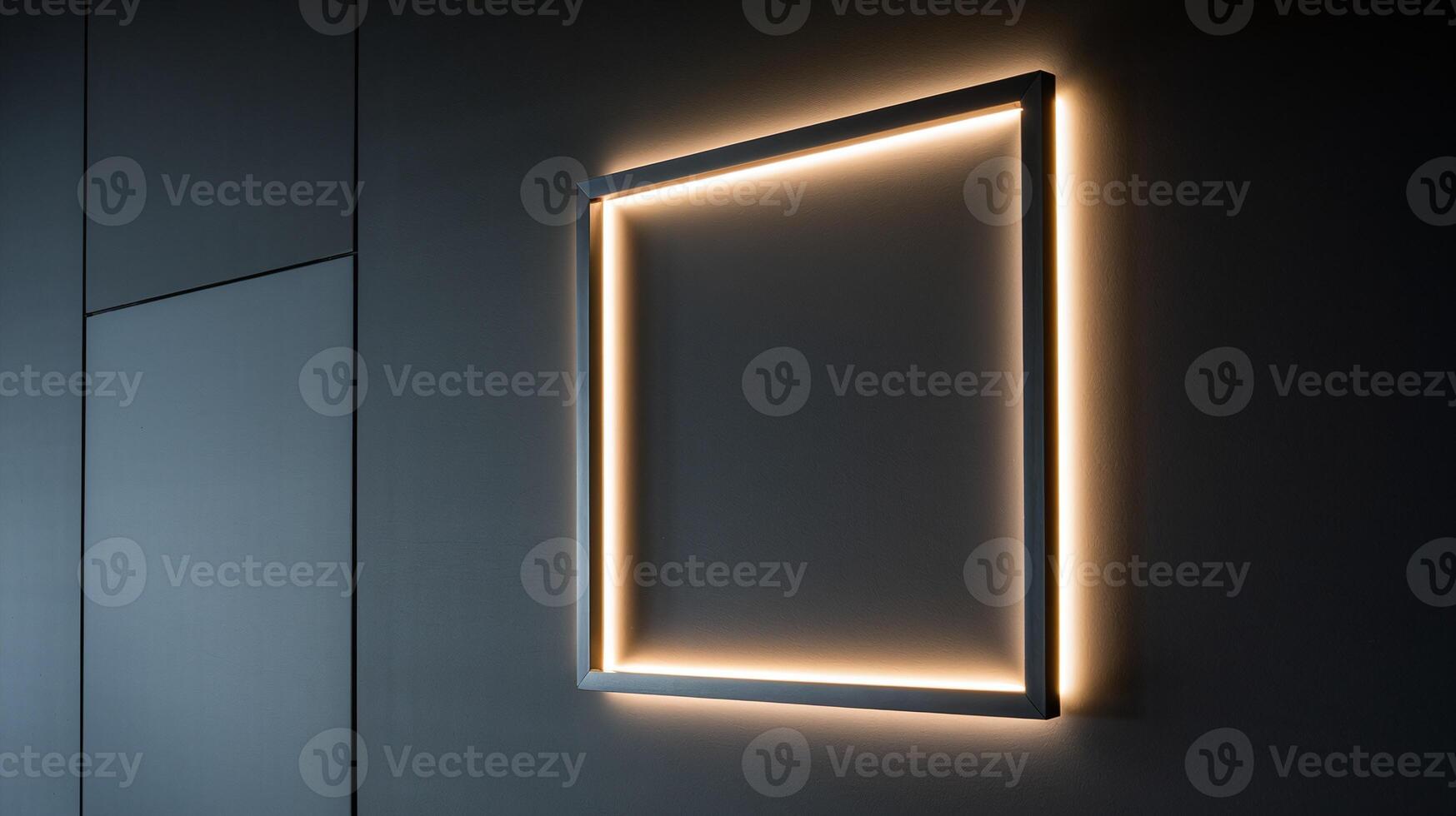 Illuminated Modern Geometric Light Frame on Minimalist Dark Wall Background for Design Inspiration photo