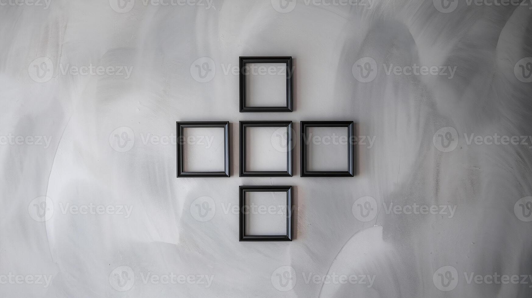 Minimalist Black Square Frames Arranged in Geometric Pattern on Neutral Gray Textured Wall Background photo