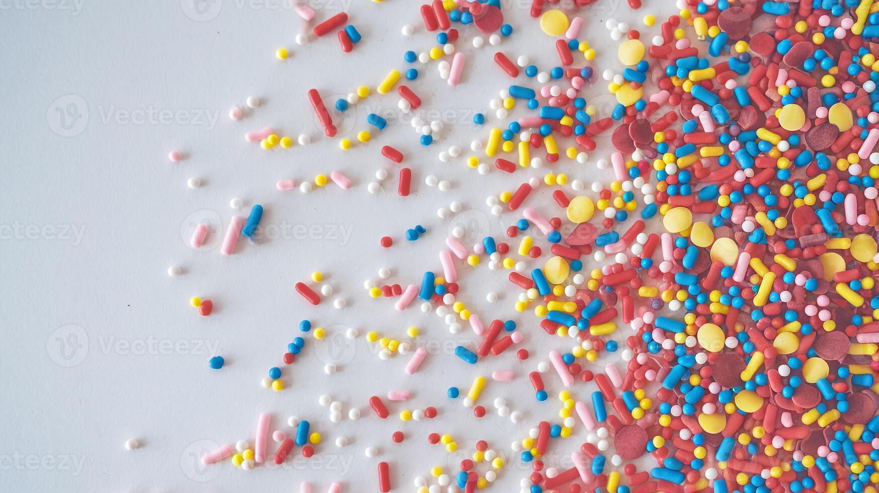 Colorful Assorted Candy Sprinkles Spread on White Background for Baking and Decorating Ideas photo