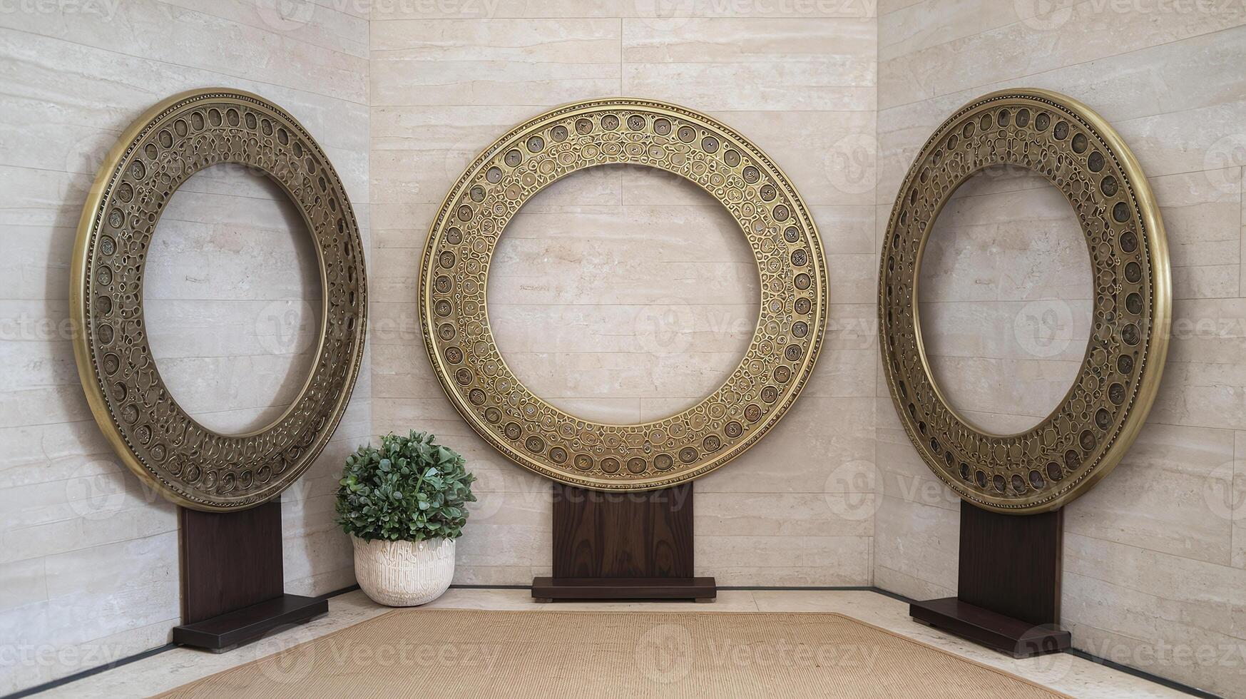 Elegant Golden Decorative Circular Frames on Wood Stands in Neutral Interior with Plant on Beige Walls photo