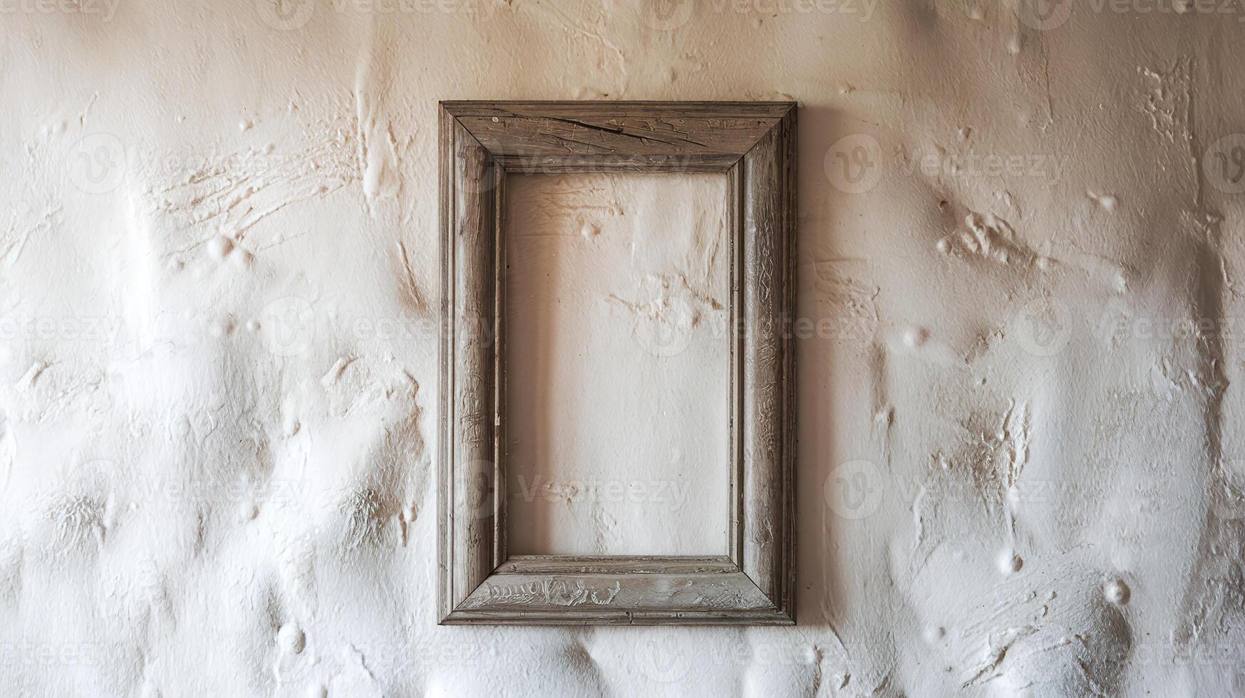 Rustic Wooden Picture Frame on Textured Beige Plaster Wall in Natural Lighting for Interior Design photo