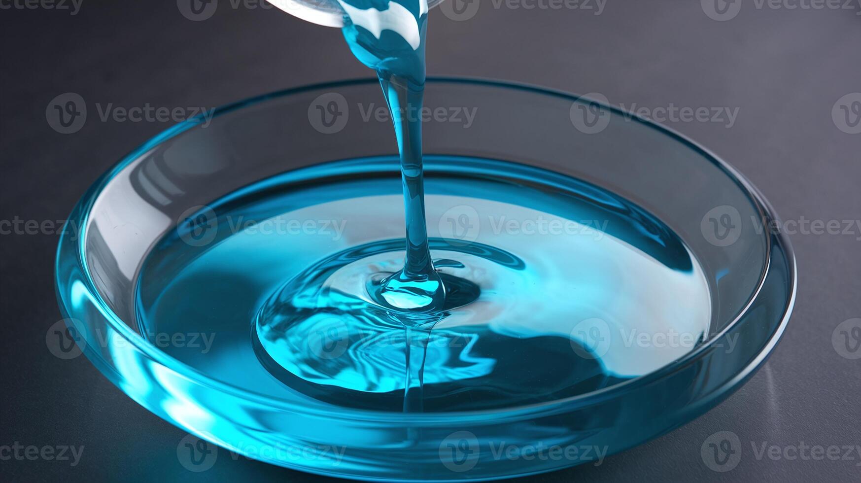 Blue Liquid Pouring Into Glass Dish with Reflective Surface on Dark Background Conceptual photo