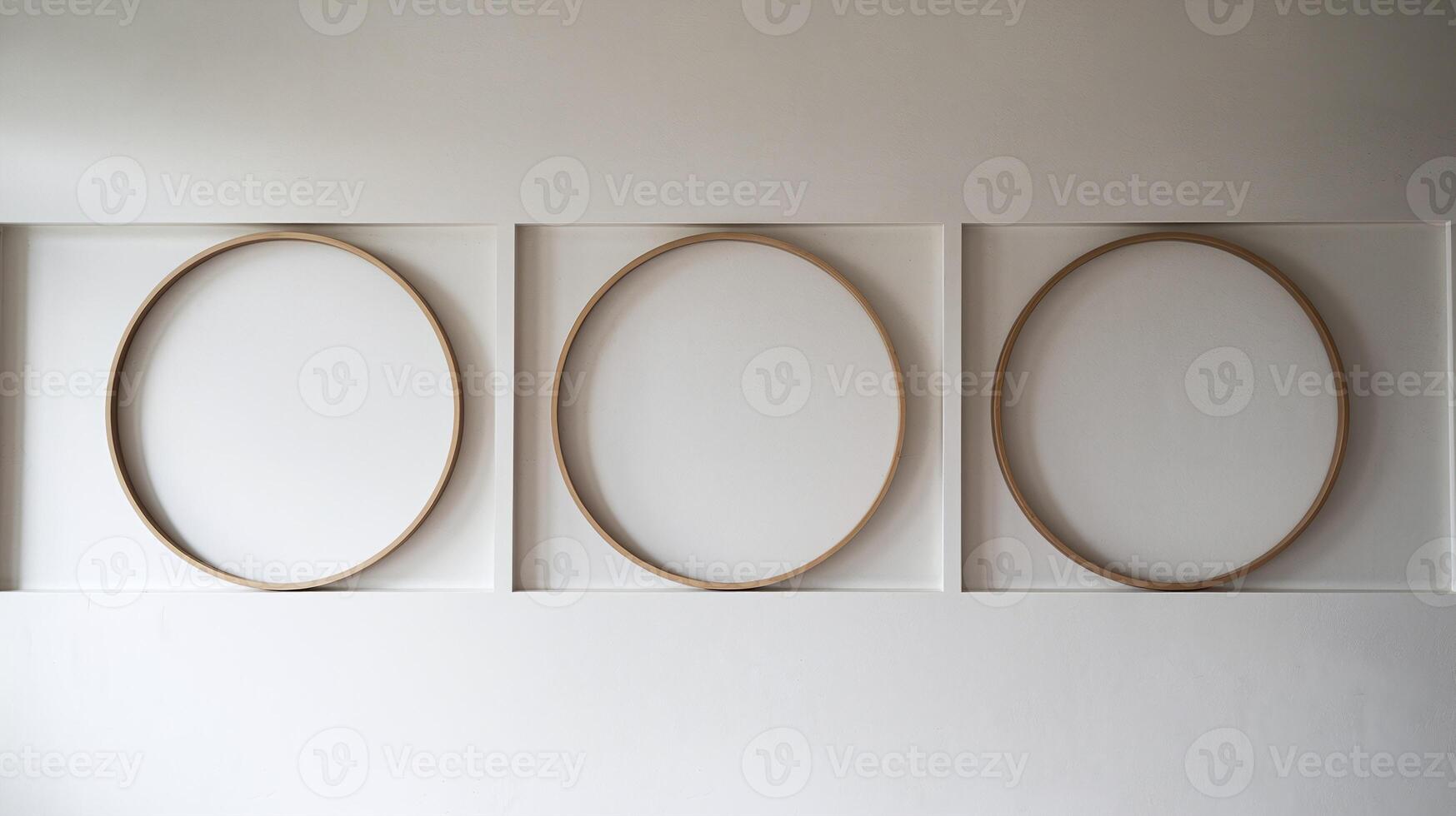 Three Wooden Circular Frames on White Artistic Minimal Wall Background with Soft Lighting photo