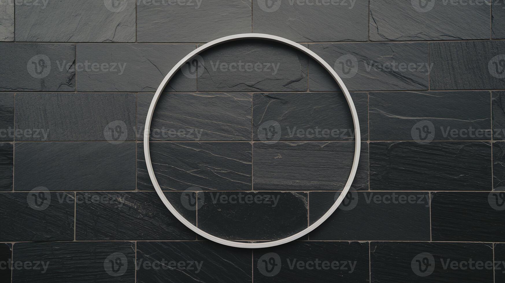 Minimalist Silver Circle Frame on Dark Slate Tile Wall in Geometric Pattern Aesthetic Design photo