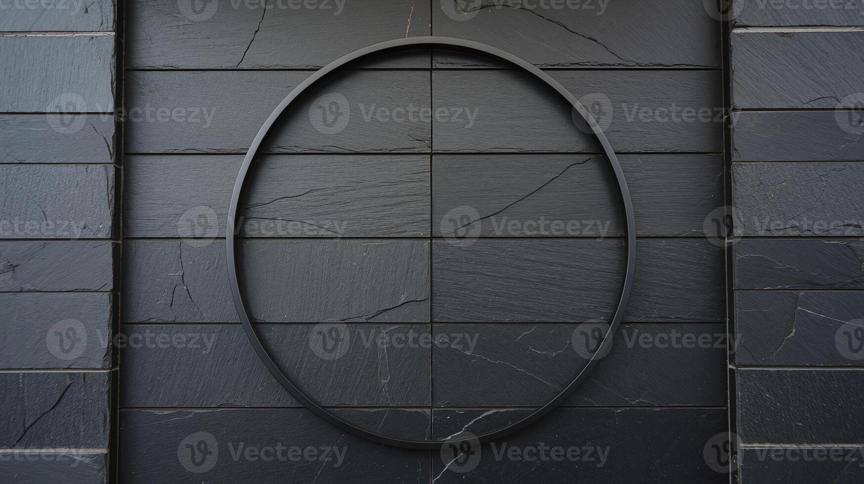 Minimalist Black Metal Circle Frame on Dark Textured Slate Tile Wall for Modern Design Concepts photo