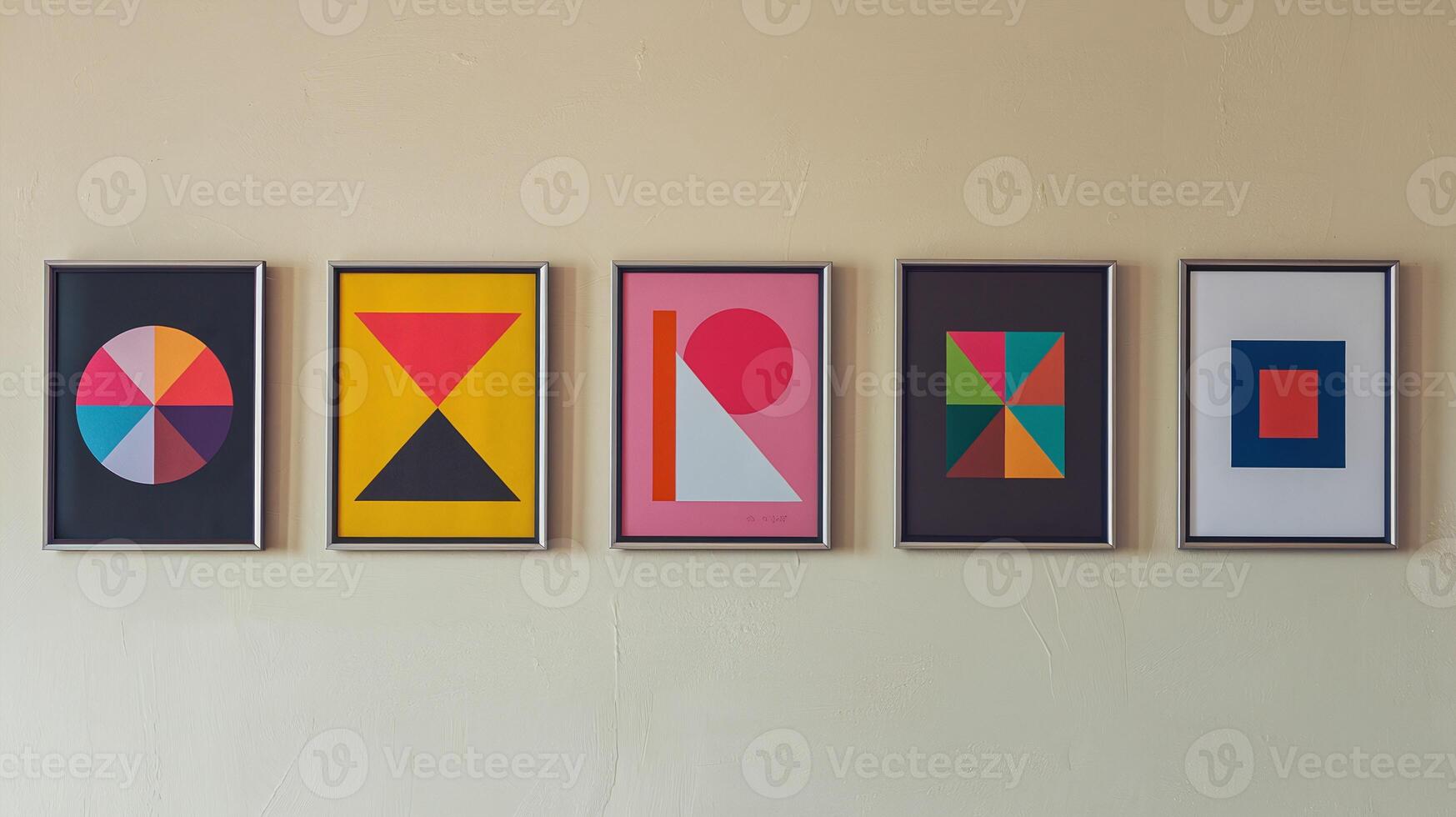 Set of Modern Minimalist Framed Geometric Art Prints on Beige Wall in Contemporary Interior Decor photo