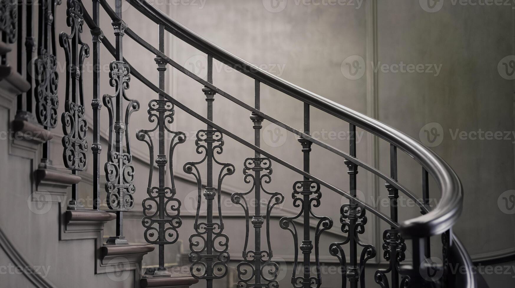 Elegant Curved Iron Staircase with Ornamental Railing in Classic Interior with Neutral Gray Walls photo