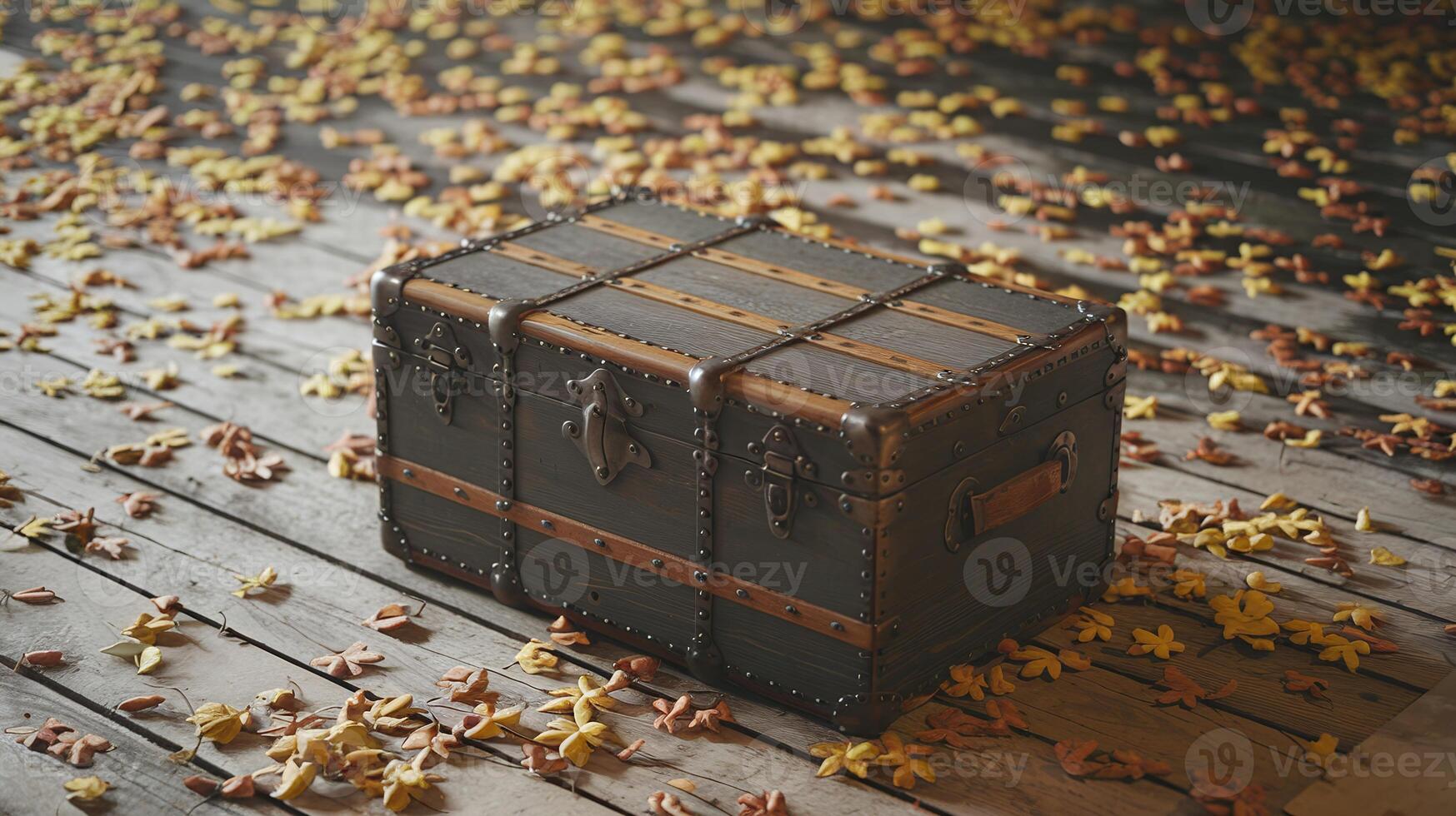 Vintage Wooden Chest on Rustic Wooden Floor Surrounded by Fallen Autumn Leaves in Warm Light photo