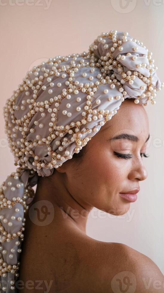 Side Profile of Woman Wearing Elegant Pearls Decorated Head Wrap Against Light Neutral Background photo