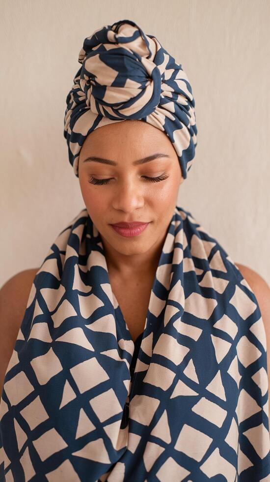 Woman with Blue and Beige Patterned Headwrap and Scarf on Neutral Background with Calm Expression photo