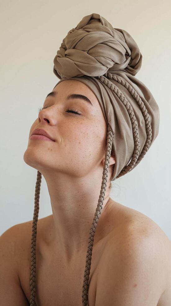 Woman with Beige Headscarf and Braided Detail in Relaxed Pose on Neutral Background photo