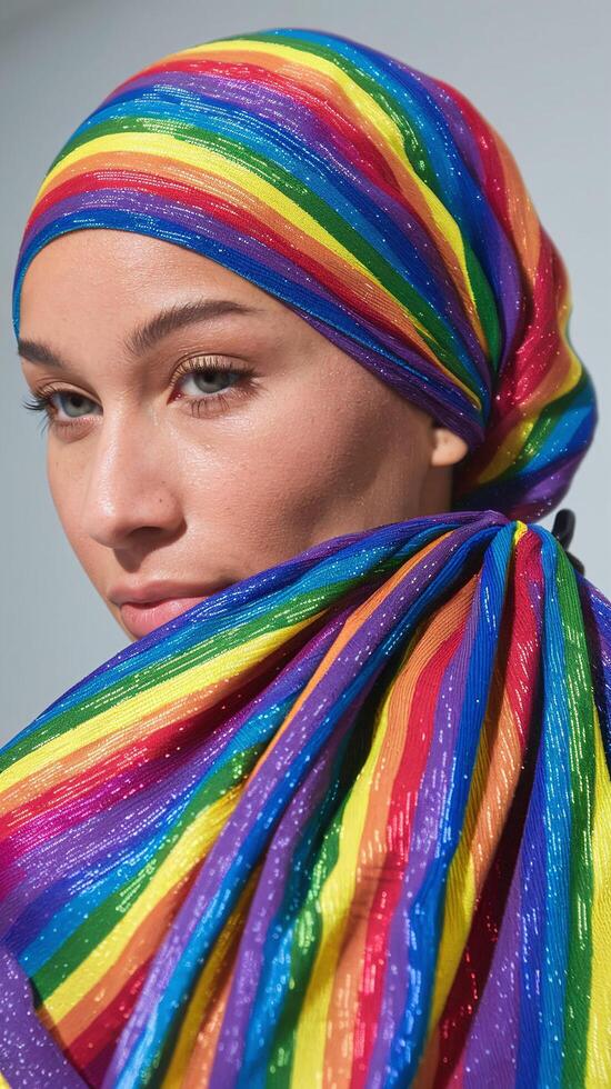 Closeup of Woman Wearing Rainbow Striped Hijab with Glitter on Light Gray Background Symbolizing Pride and Diversity photo