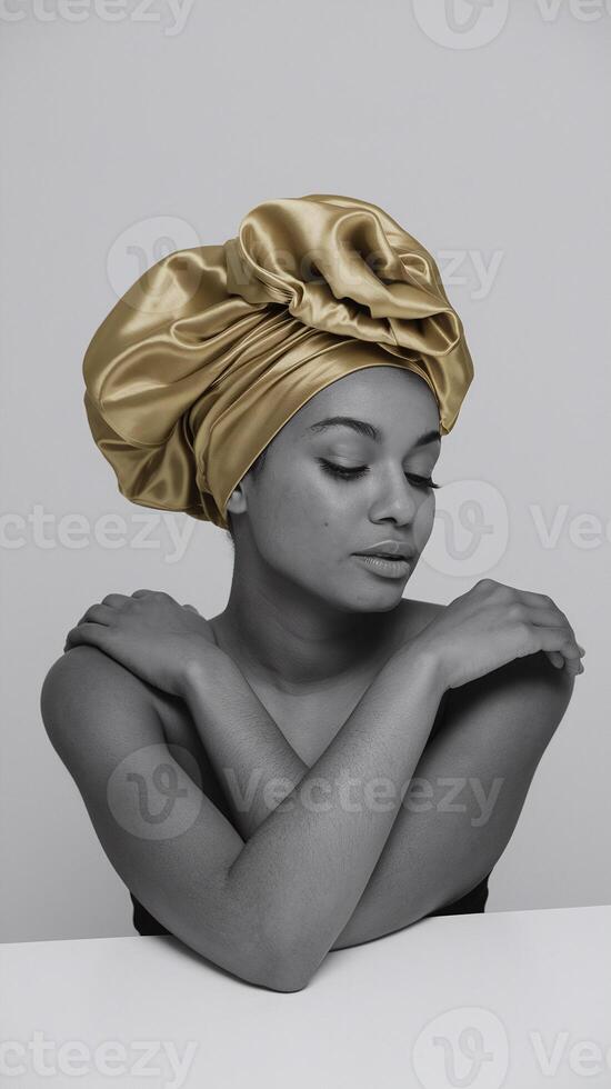 Serene Woman with Gold Satin Headwrap Posing Against Minimalist Gray Background in Thoughtful Expression photo