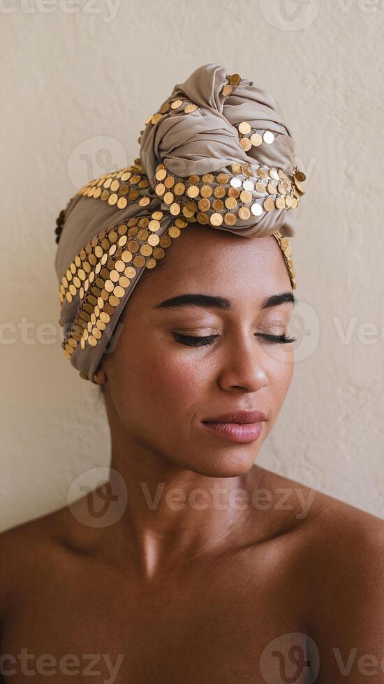Portrait of Elegant Woman with Golden Beaded Headscarf and Neutral Background Looking Peaceful photo
