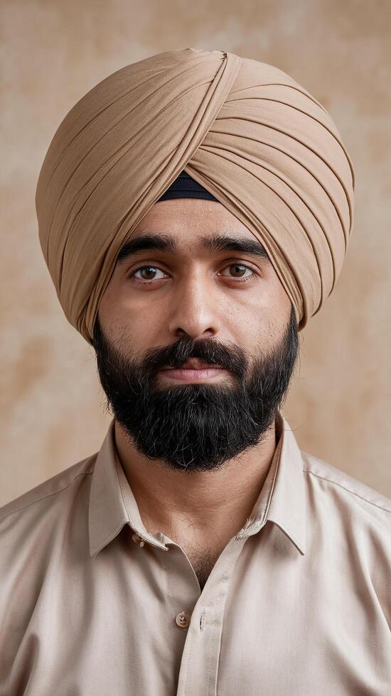 Portrait of a Bearded Man Wearing a Tan Turban in a Neutral Background with a Calm Expression photo