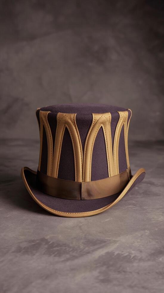Elegant Purple Top Hat with Gold Decorative Design on Grey Textured Background for Stylish Themes photo
