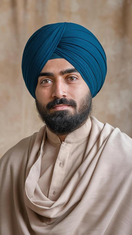 Portrait of Man Wearing Blue Turban Beige Traditional Attire Against Neutral Textured Background photo