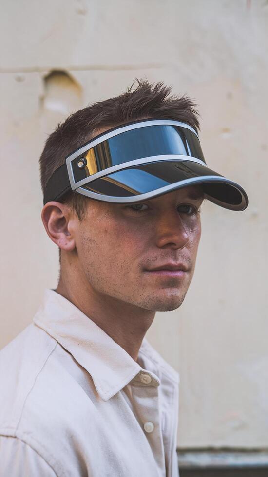 Portrait of Young Man Wearing Futuristic Black Visor in Casual Light Shirt Against Beige Wall Outdoors photo