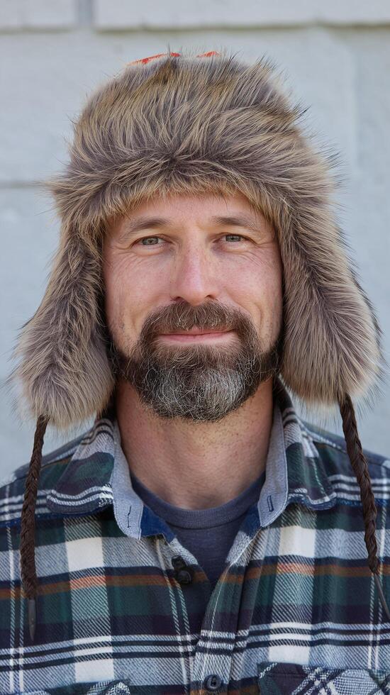 Man Wearing Fur Hat and Plaid Shirt Smiling Outdoors Against Light Gray Brick Wall photo