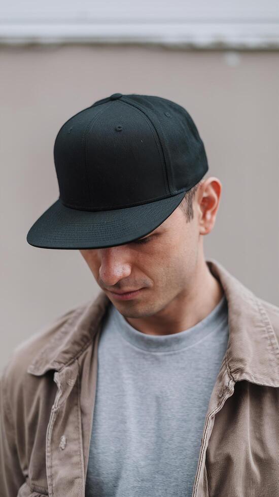 Man Wearing Black Baseball Cap and Neutral Casual Outfit Looking Down with Beige Wall Background photo