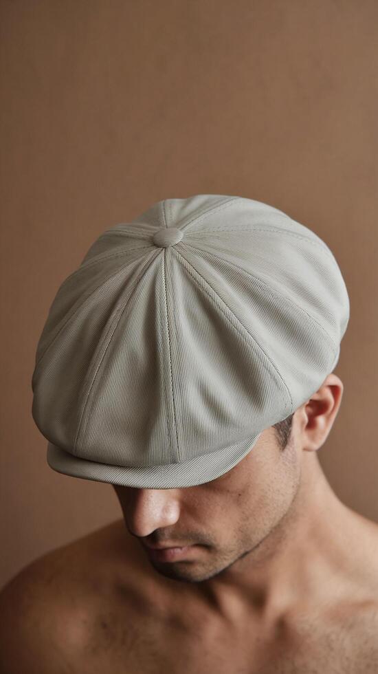 Man Wearing Beige Flat Cap Looking Down Against Neutral Brown Background Minimalist Portrait photo