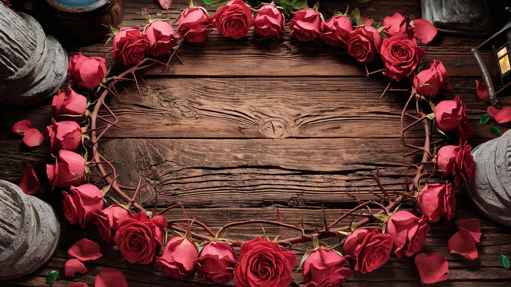 Romantic Red Rose Wreath on Rustic Wooden Tabletop with Scattered Petals and Vintage Elements photo