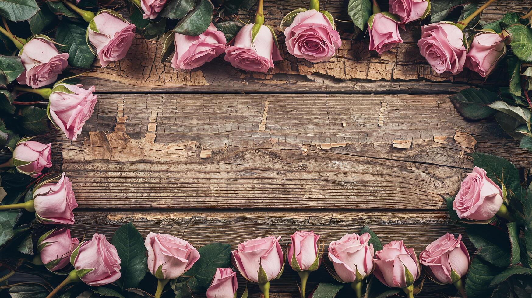 Pink Roses Arranged in a Border on Rustic Weathered Wooden Background for Romantic and Rustic Themes photo