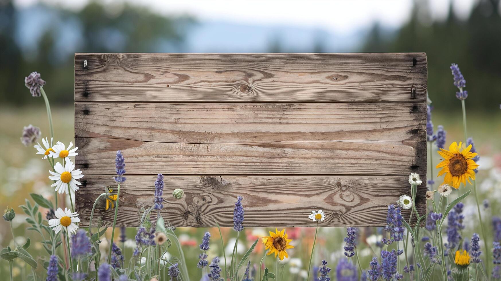 Rustic Wooden Signboard in Wildflower Meadow with Lavender Daisies and Sunflowers on Blurred Nature Background photo