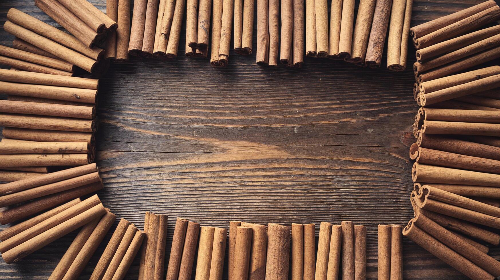 Cinnamon Sticks Arranged Around Rustic Wooden Surface for Natural and Culinary Concepts photo