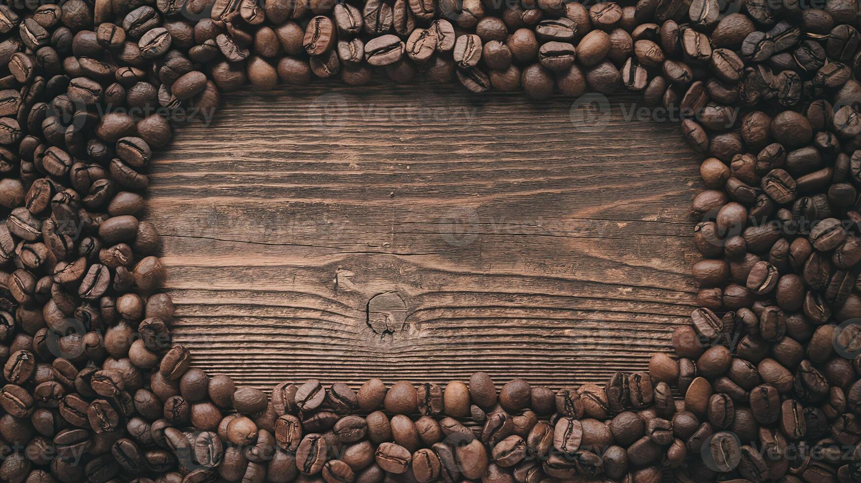 Dark Coffee Beans Frame on Rustic Wooden Table with Empty Space for Text or Design Background photo