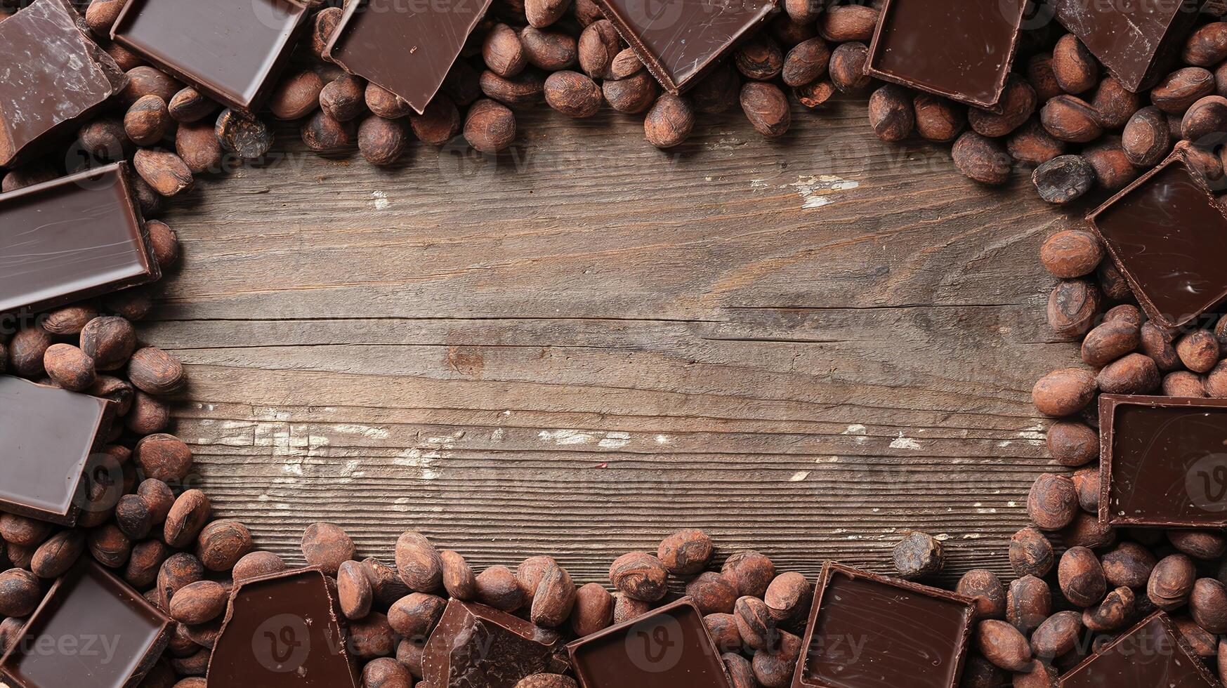 Top View Arrangement of Dark Chocolate Bars and Cocoa Beans on Rustic Wood Background photo