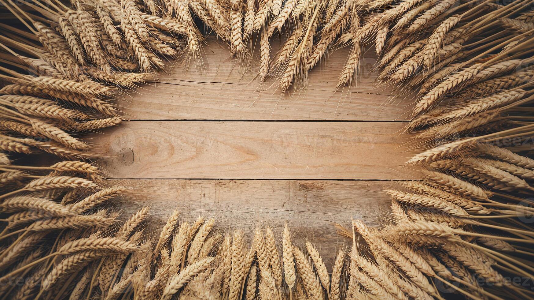 Golden Wheat Ears Arranged in Circle on Wooden Table Symbolizing Harvest Agriculture and Nature photo