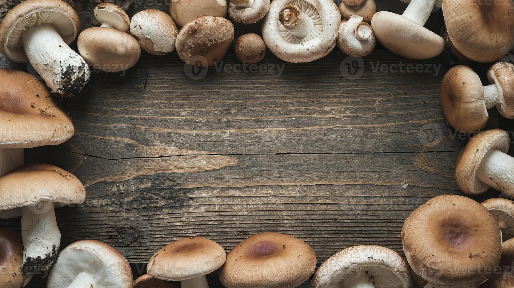 Fresh Assorted Mushrooms Arranged in Rustic Circular Frame on Wooden Table Background photo