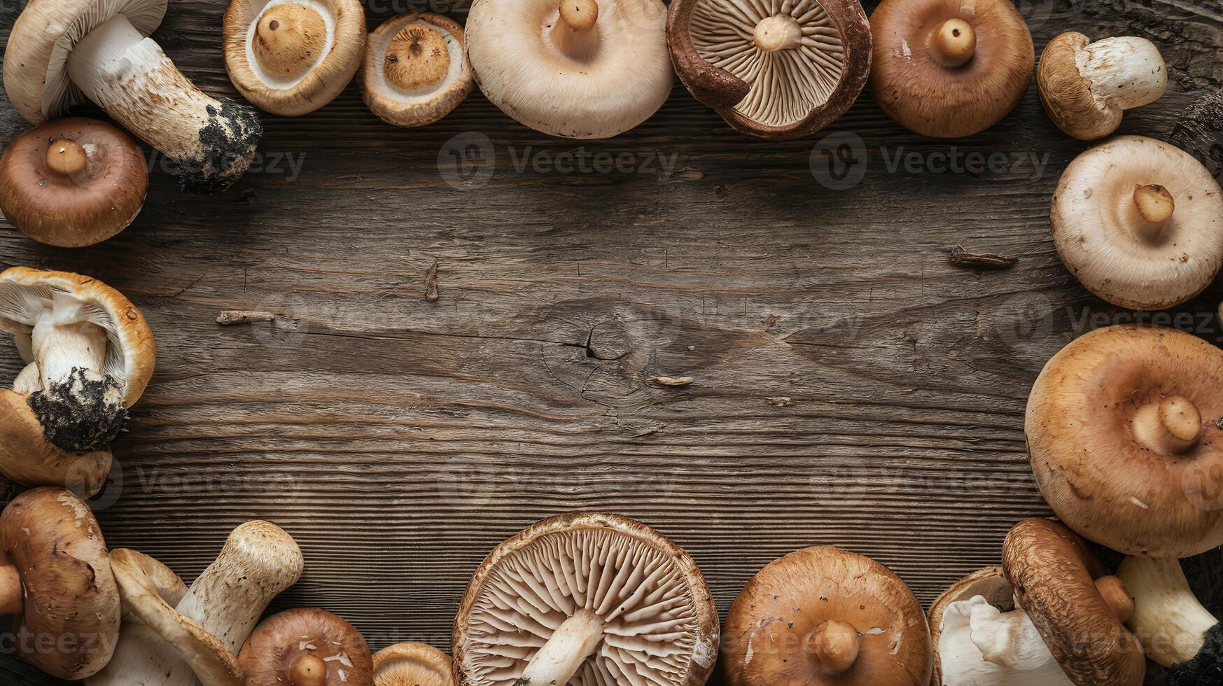Assorted Fresh Mushrooms Arranged in a Circular Frame on Rustic Wooden Background for Natural Foods Concept photo