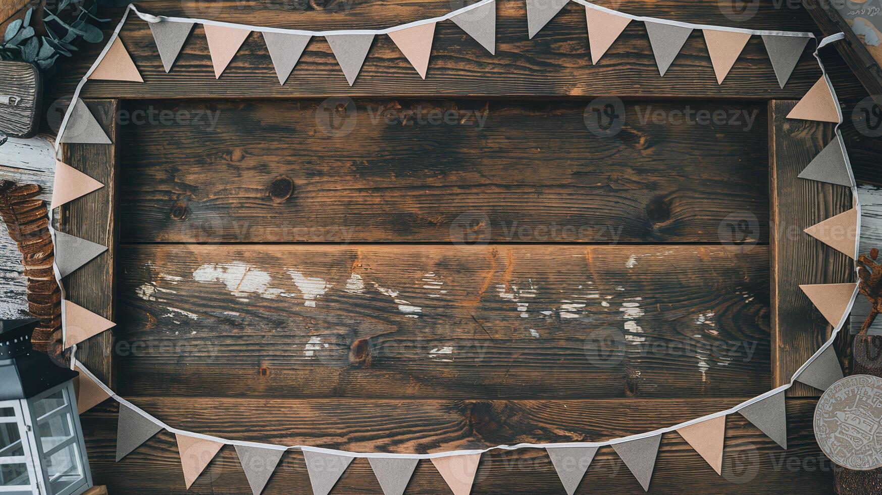 Rustic Wooden Table with Triangle Garland Decorations for Festive or Party Background photo