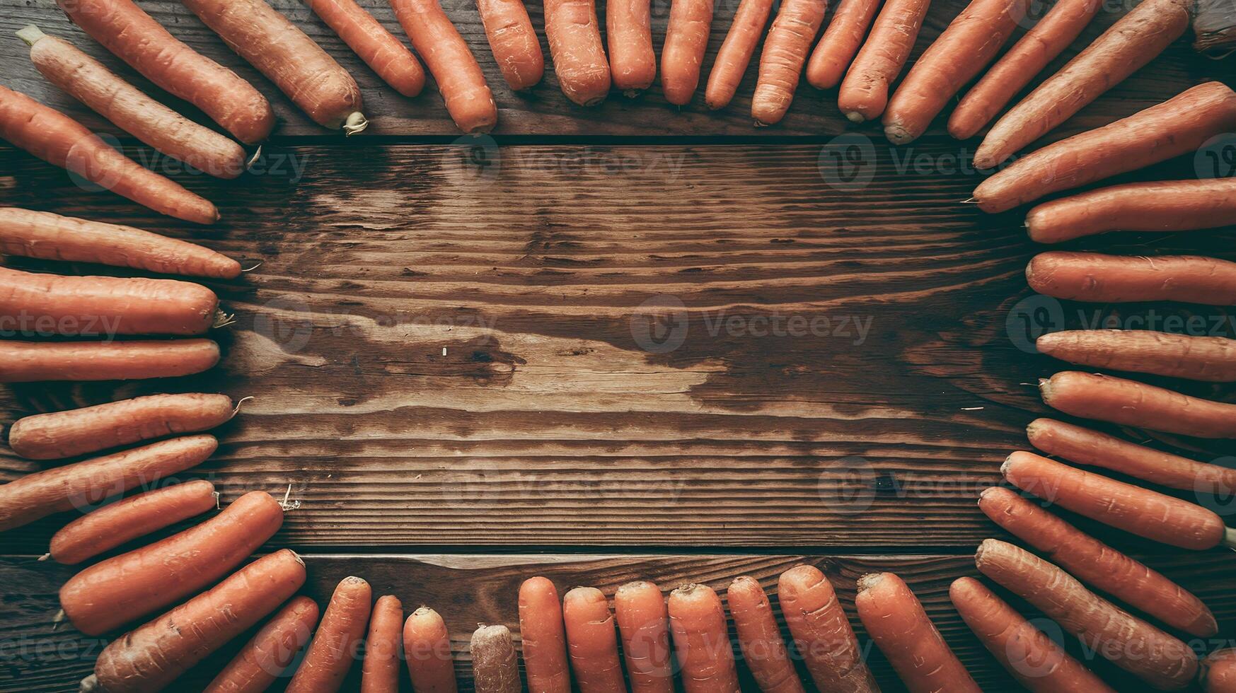 Fresh orange carrots arranged in round shape on rustic wooden background for healthy eating concept photo