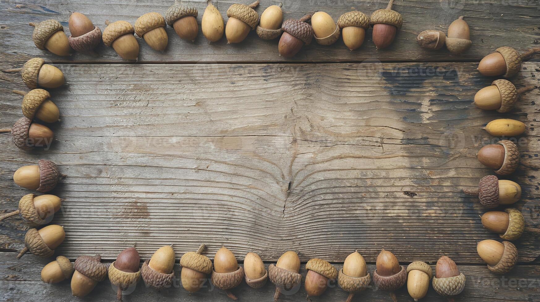 Wooden Surface with Framed Acorns in Natural Autumn Colors for Seasonal or Rustic Designs photo