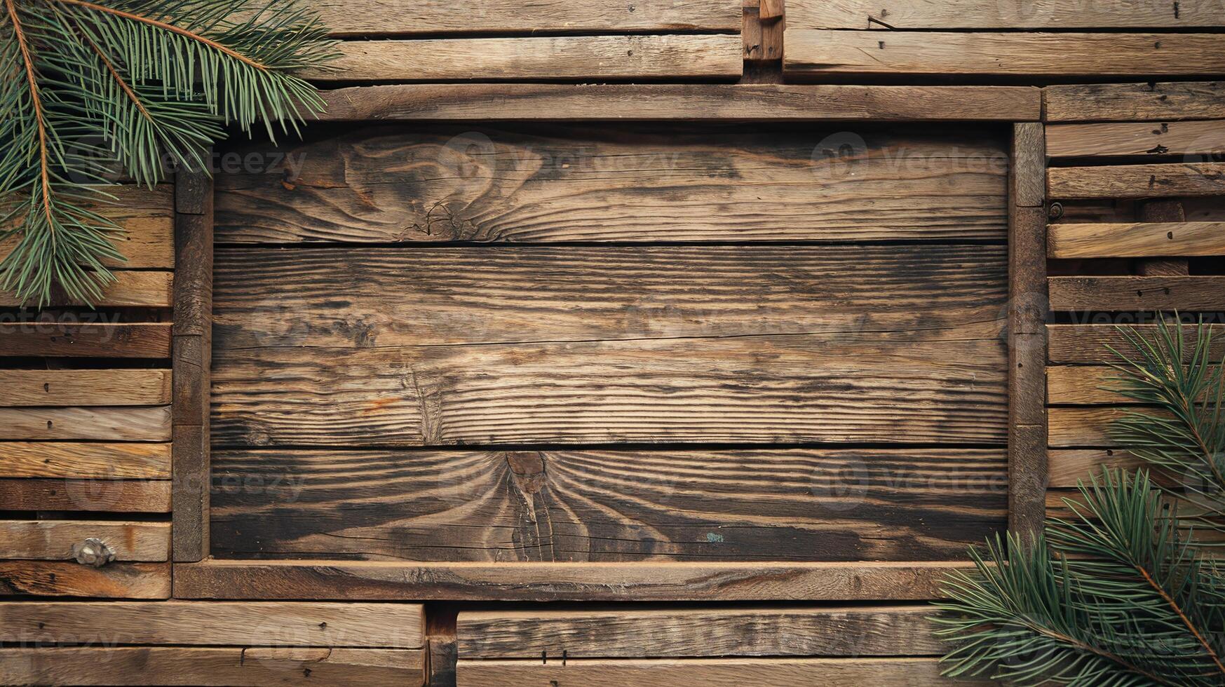 Rustic Wooden Background with Pine Tree Branches and Natural Wood Textures for Seasonal Themes photo